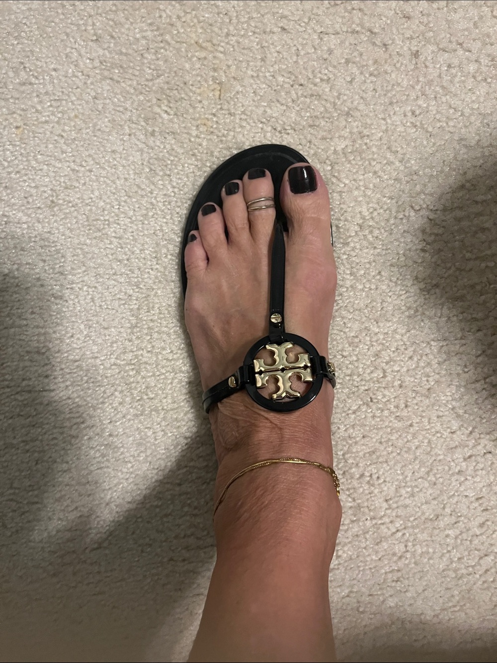Tory Burch Black Leather T-Bar Sandal with Gold Logo
